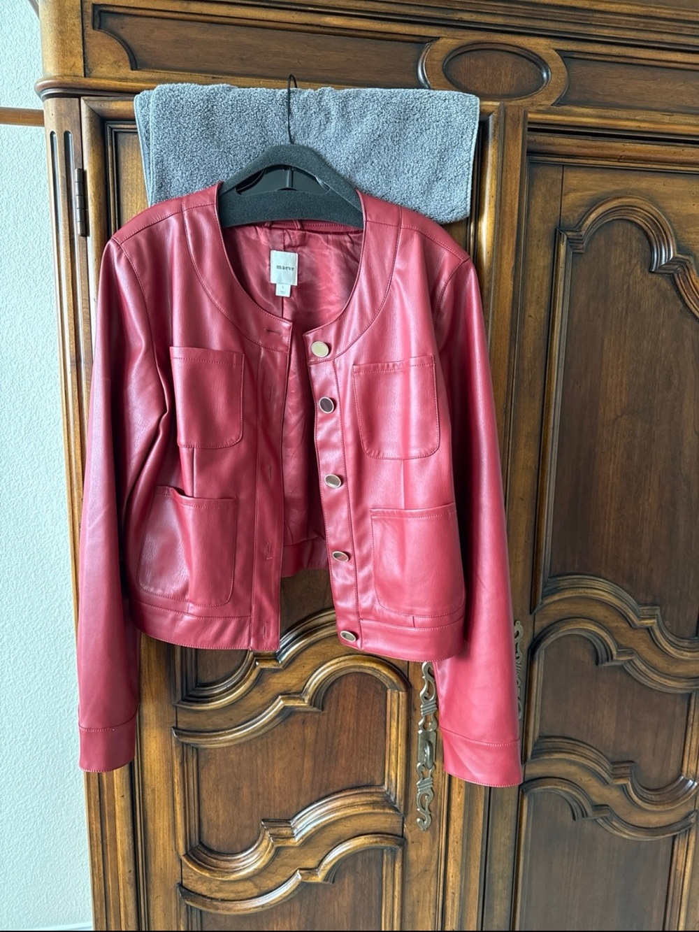 Anthropologie Maeve Red Faux Leather Cropped Jacket Gold Buttons L